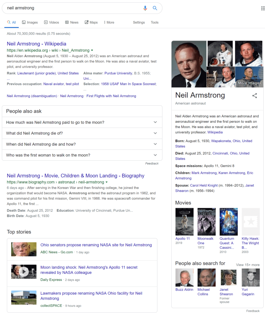 SERP result displaying rich snippets of Neil Armstrong