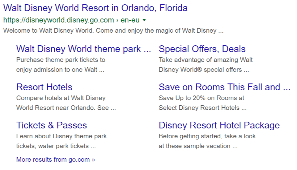 Site links for DisneyWorld