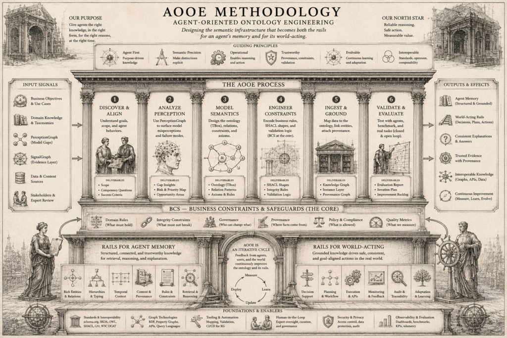 Vintage architectural infographic titled “AOOE Methodology,” showing a classical building with six process columns, BCS at the core, and two foundations labeled rails for agent memory and rails for world-acting.