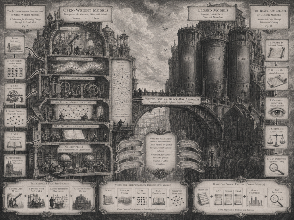 Piranesi-style engraving comparing open-weight AI models, inspected through SAE and NLA, with closed models such as GPT, Gemini, and Claude probed through external prompts.