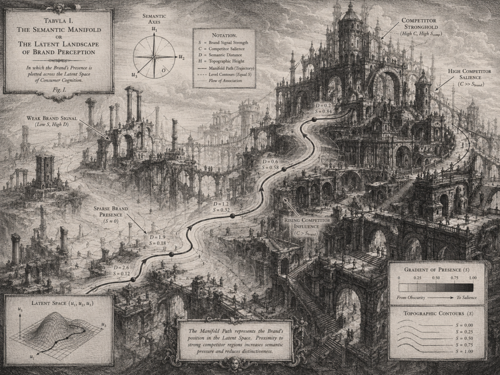 Piranesi-style engraving of a semantic landscape where a winding manifold curve moves from weak brand ruins toward a strong competitor citadel.